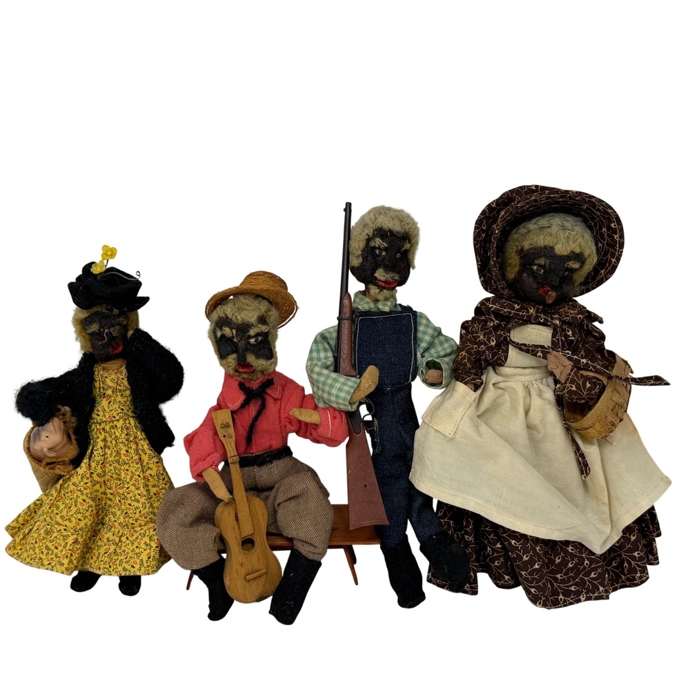 Vintage Black Americana Walnut Head Folk Art Dolls Lot 4 Handmade Figures